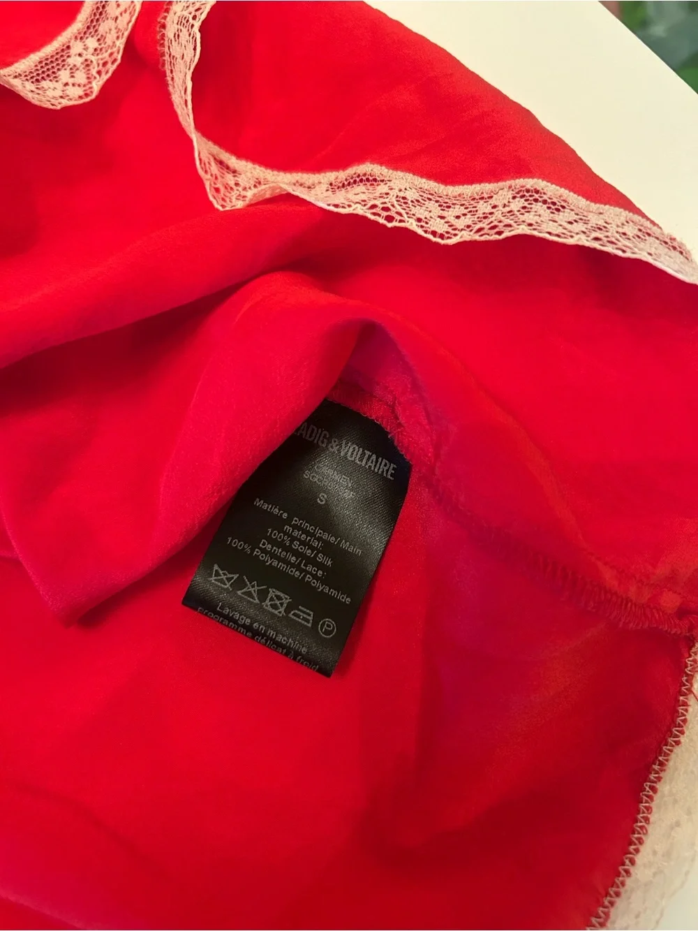 Silk Zadig & Voltaire Red Camisole with Cream Lace Trim